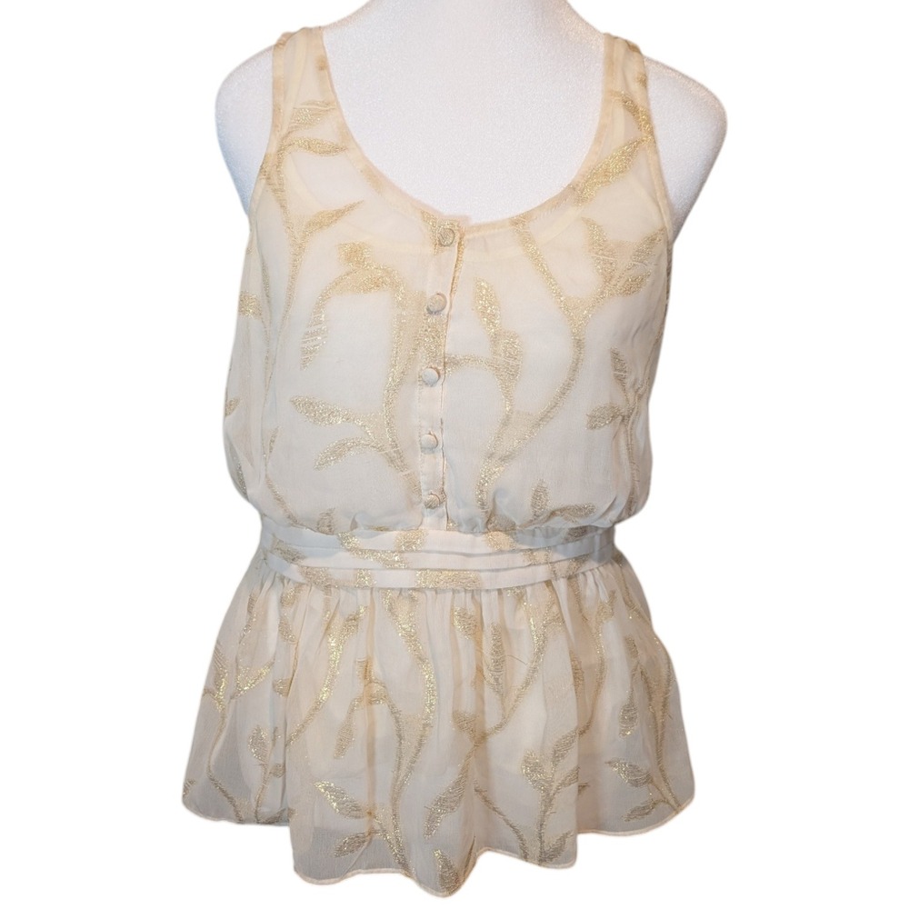 Anthropologie The Addison Story Gold Metallic Leaf Peplum Blouse Cream Womens M‎